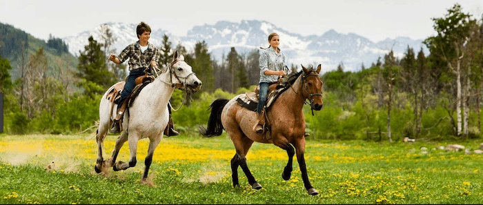 Confident plus-size woman riding Blackburn a horse through a field with a smile on her face.
